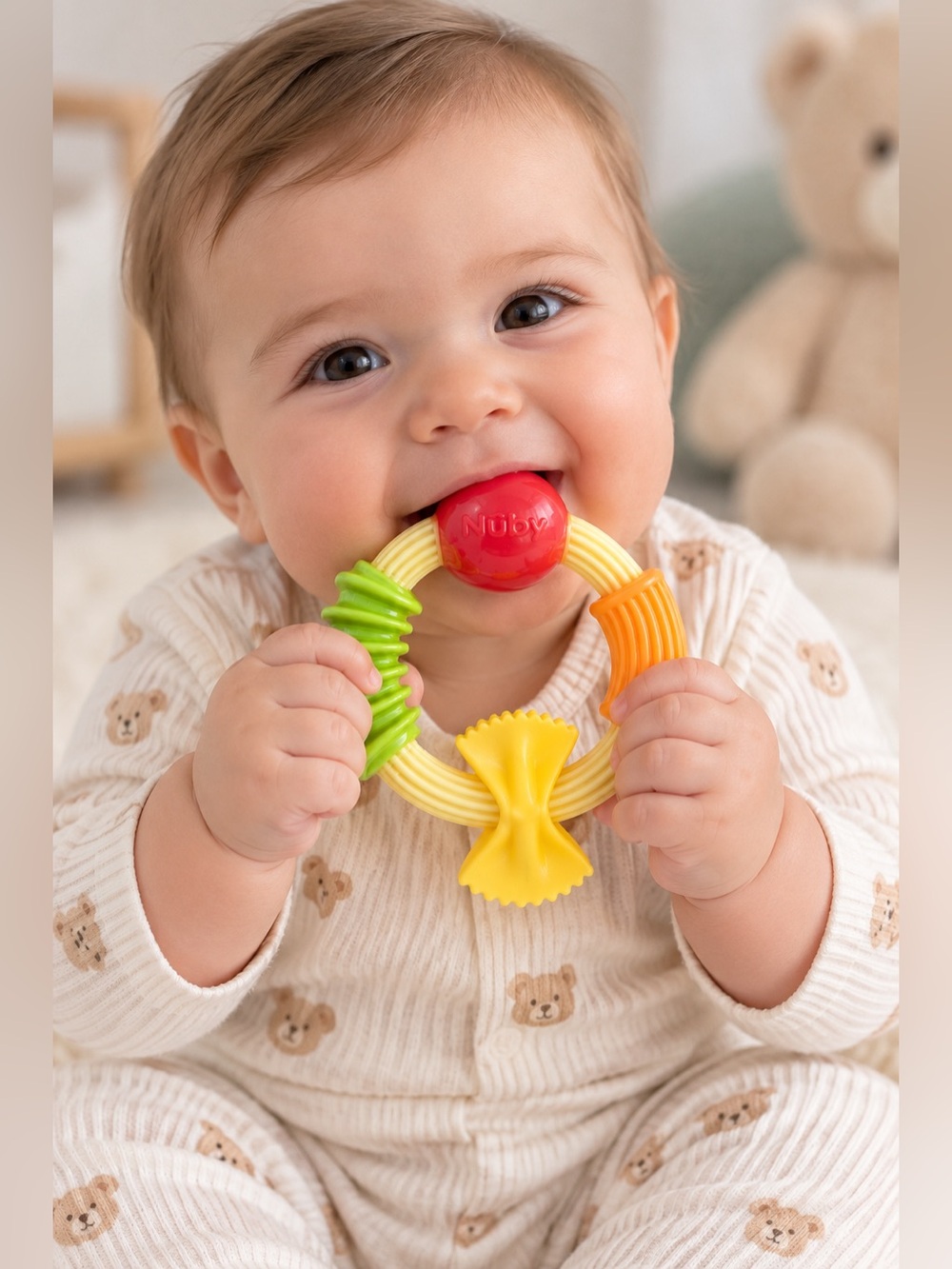 Nuby Pasta Ring Teether 3M+ Multi-Texture Soft Silicone Baby Teething Toy NIP